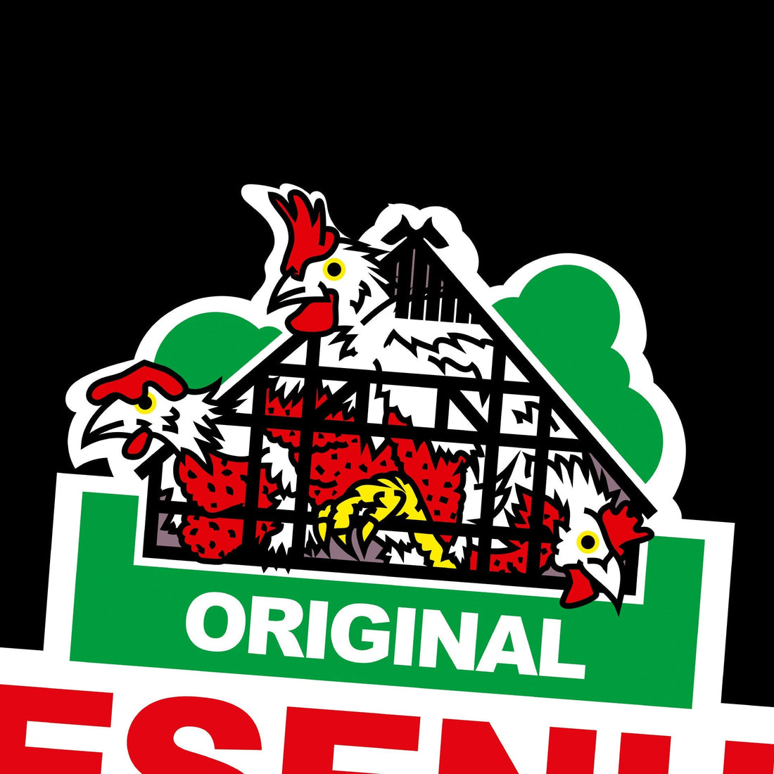 anti-wiesenhof-plakat-mit leidenden hühnern im idylischen hofgebäude fachwerk