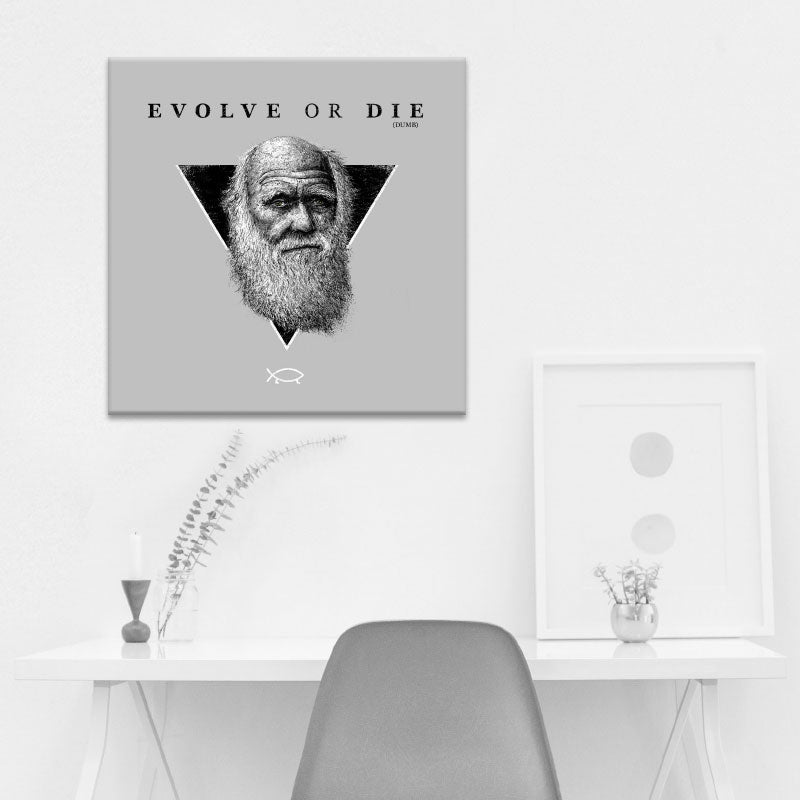 grafik montage von charles darwin über einem schreibtisch 60 mal 60 cm bildgröße