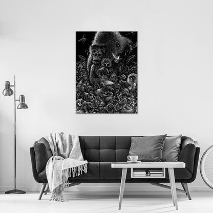 mock ub bild von ggorilal gedöns grafik  als kunstdruckan der wand über moderner couch
