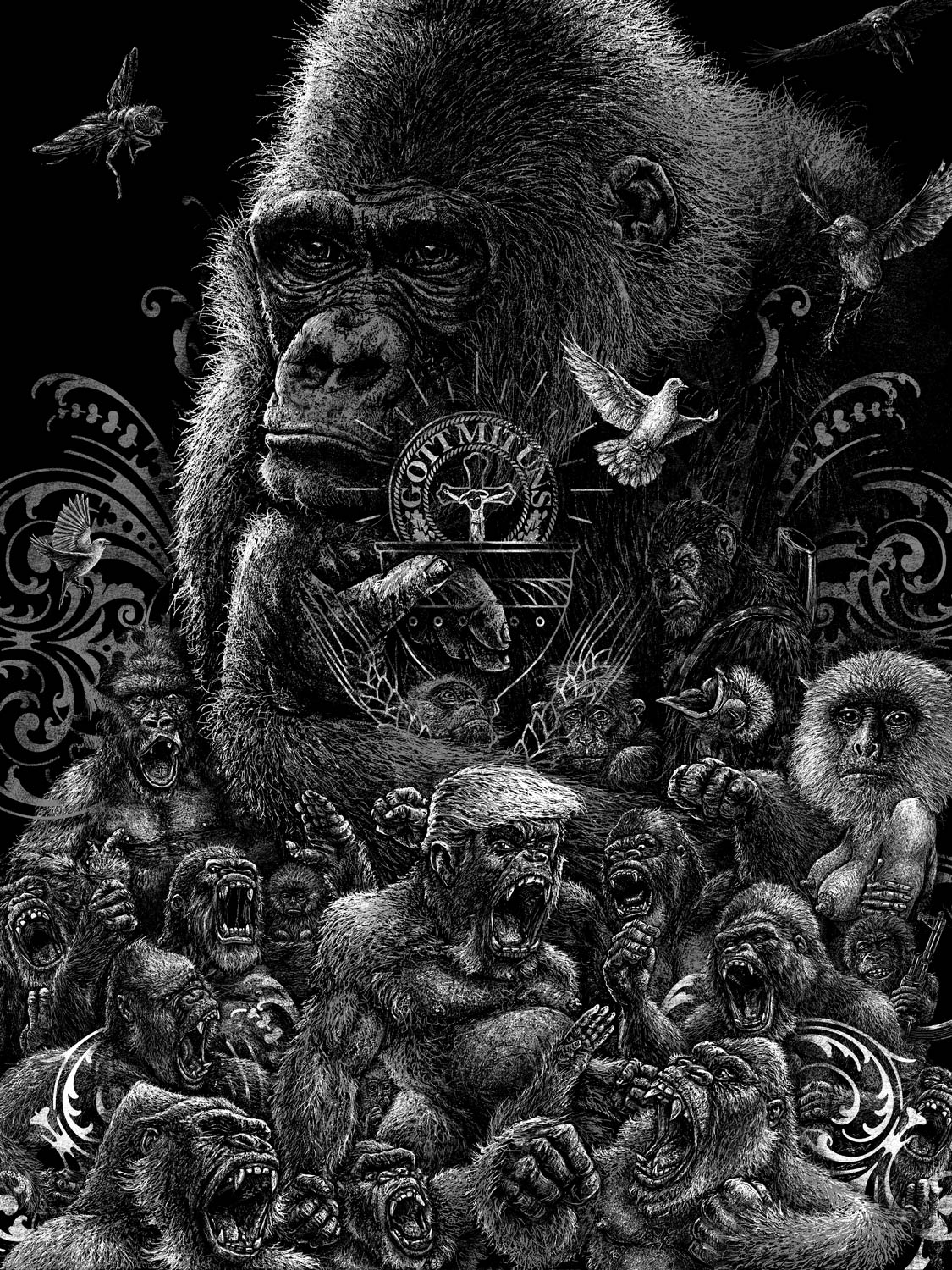 digitale zeichnung mit großem nachdenklichem gorilla zwischen kleinen kampflustigen Gorillas