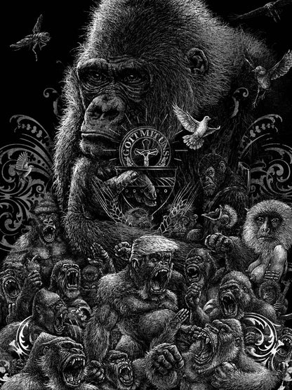 digitale zeichnung mit großem nachdenklichem gorilla zwischen kleinen kampflustigen Gorillas