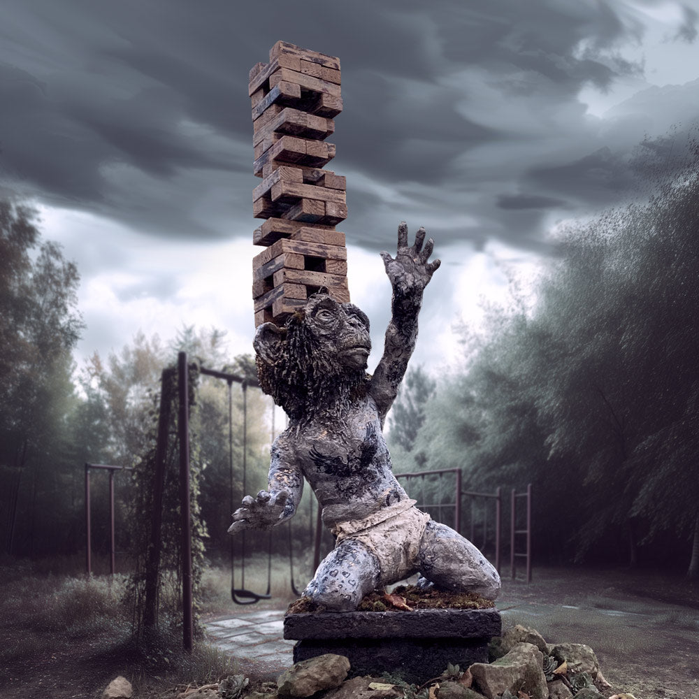 skulptur eines vermenschlichten affenbabys in windeln, auf einem Podest vor einem verlassenen spielplatz, aus dem kopf ragt ein jenga wackelturm