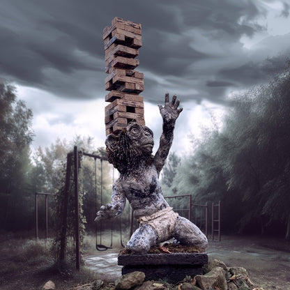 skulptur eines vermenschlichten affenbabys in windeln, auf einem Podest vor einem verlassenen spielplatz, aus dem kopf ragt ein jenga wackelturm