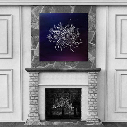 mockup von fsm grafik über kamin 100cm x 100cm großer leinwanddruck des fliegenden spagehettimonsters