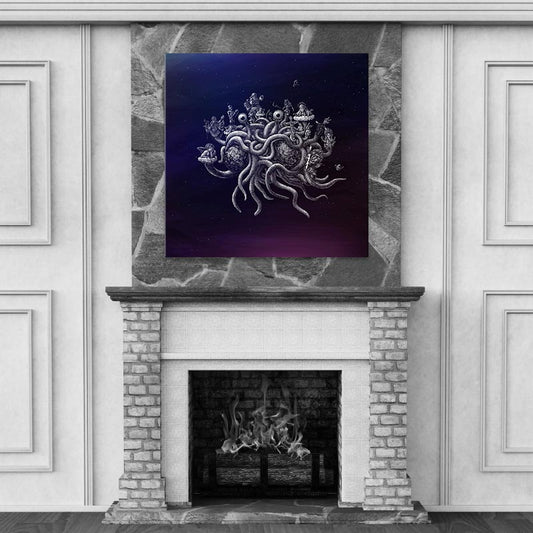 mockup von fsm grafik über kamin 100cm x 100cm großer leinwanddruck des fliegenden spagehettimonsters