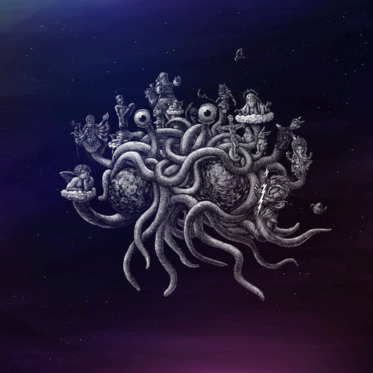 zeichnung vom fliegenden spaghettimonster, auf seinen nudeligen anhängsel sind andere heilge wesen und gottheiten wie Handpuppen aufgesteckt