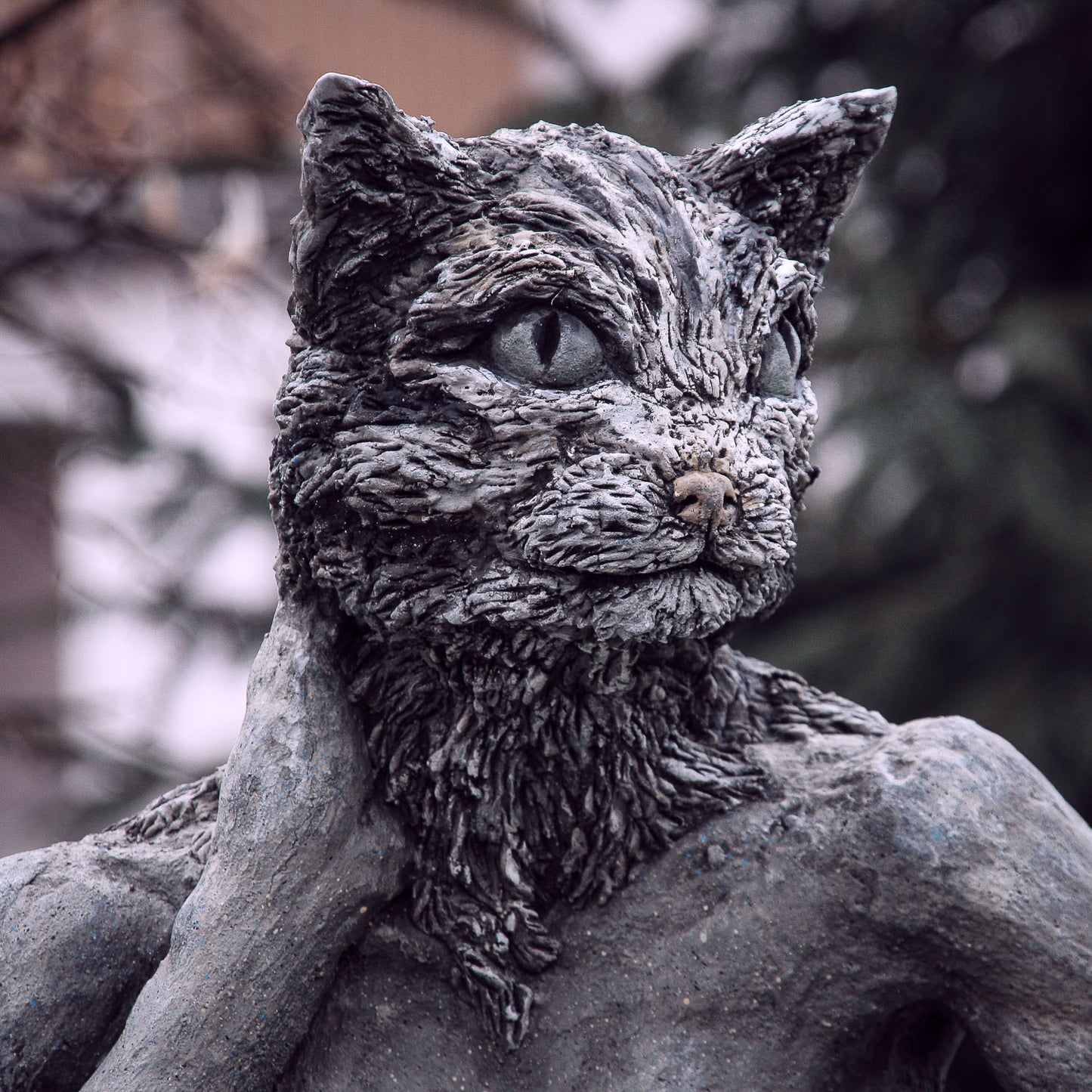 nahaufnahme von katzenkopf statue aus beton, hand leicht verlegen am hals
