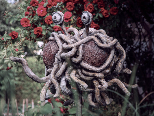 das FSM mit seinen nudeligen Anhängsel schwebend vor Rosenstrauch -halbprofil - ein nudel streckt er aus zum touchen