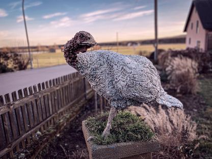 bemalte Puten statue auf augenhöhe podest sockel mit wiese