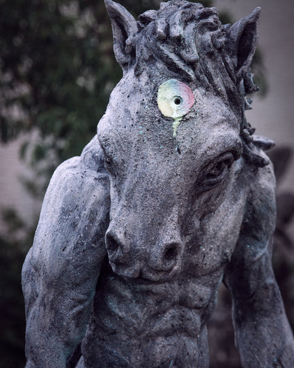 Ein prächtiger Körper: stark, lebendig, bereit.
Ein Pferdekopf – stolz, mythologisch, wild.
Doch da, wo das Einhorn sitzen sollte – nur ein Gewinde.
Ein leeres Loch.
Ein Regenbogenabdruck, wie ein Echo auf das, was fehlt.
